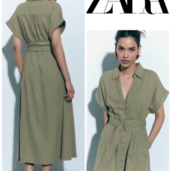Zara Olive Green Linen Belted Midi Dress in Medium - Picture 3 of 11